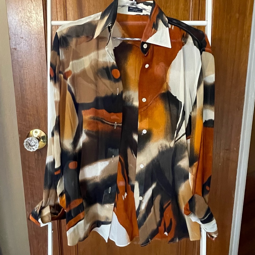 Italian 100% silk handmade sheer painted blouse 1970s